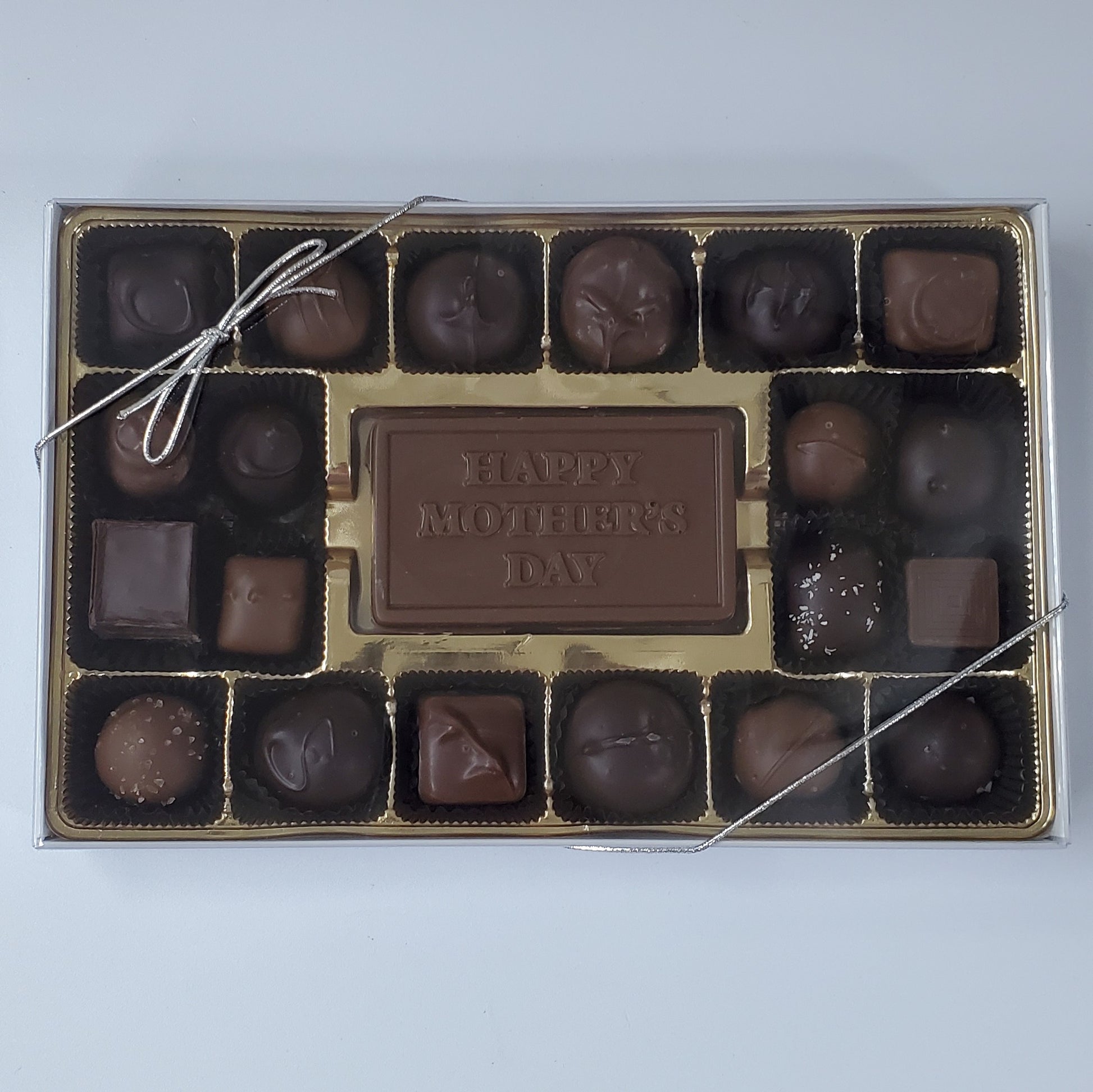 20 Assorted of our Most Popular Hand Made Chocolates in a Decorative Box  with 'Happy Mother's Day' Chocolate Greeting Card