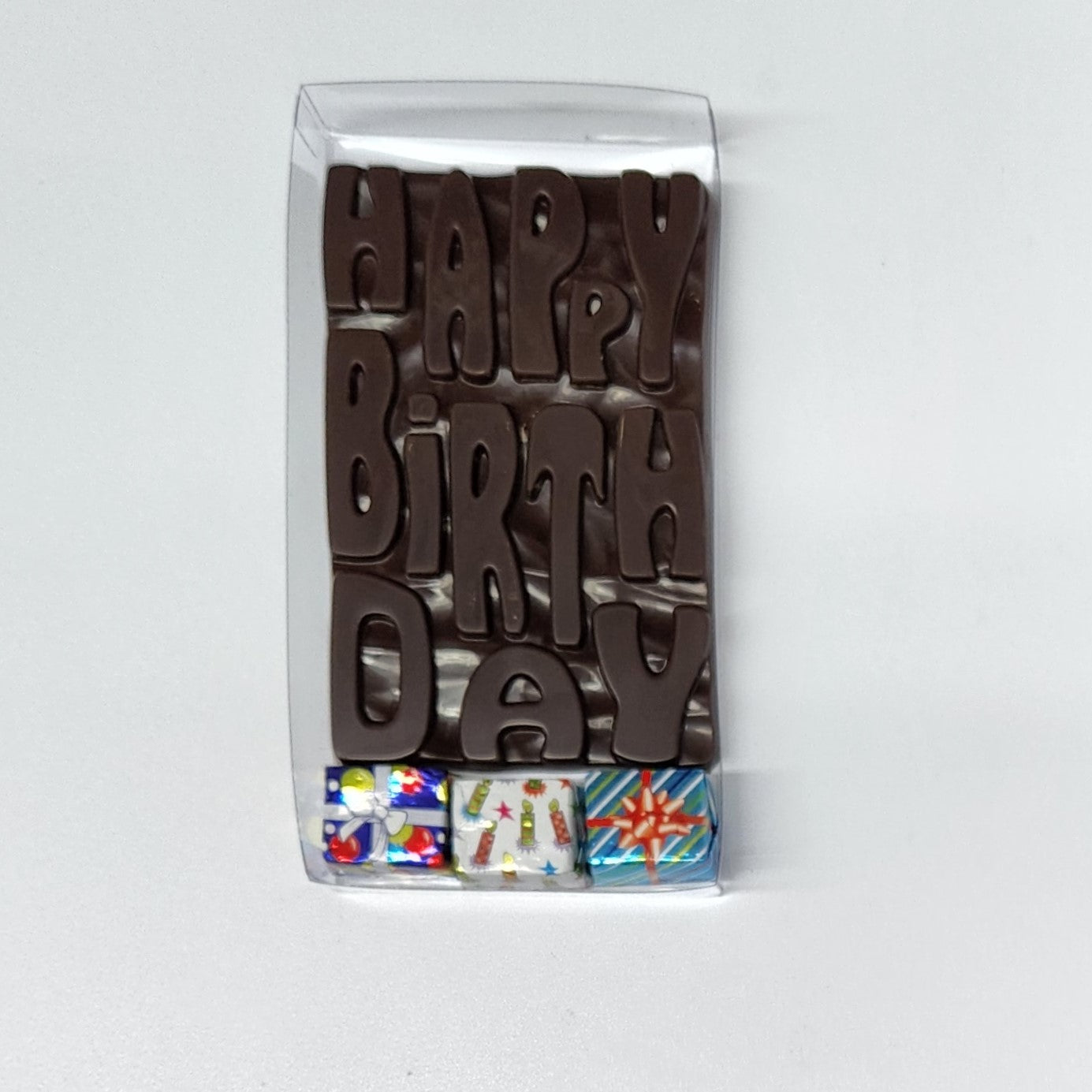 Solid dark chocolate Happy Birthday Bar with 3 foiled chocolate presents