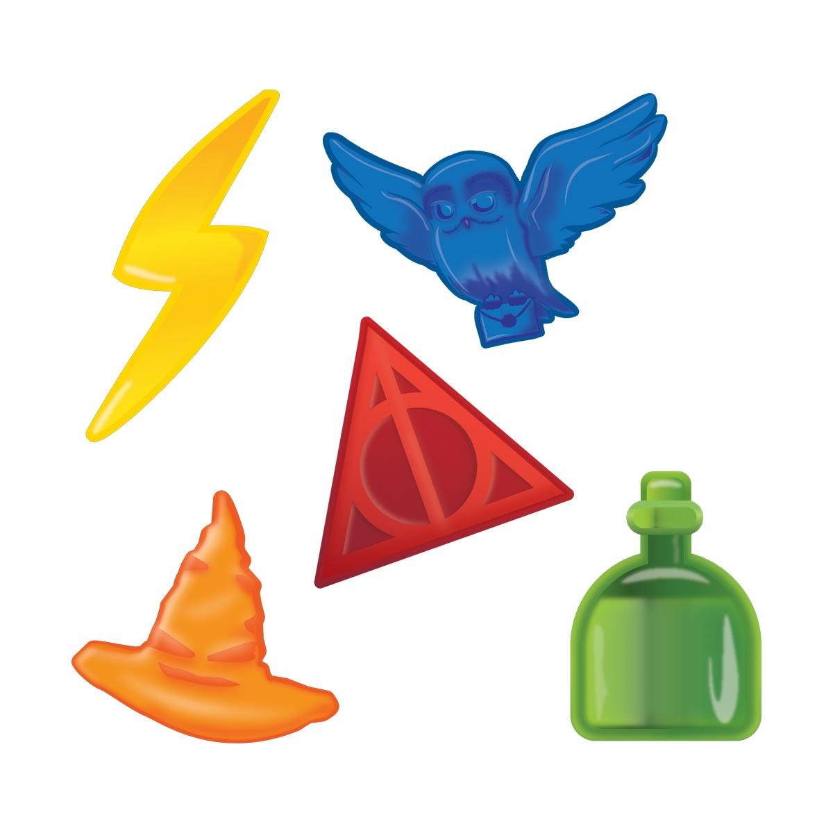 Harry Potter Gummies Magical Sweet Shapes Yellow Lightening, Blue Owl, Red Deathly Hallows, Orange Sorting Hat, Green Potion Bottle 