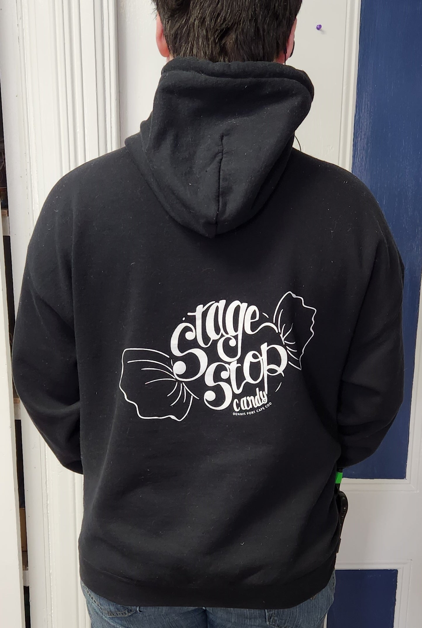 Back Design of Stage Stop Candy Hooded Sweatshirt on Male Model, designed by Sengas