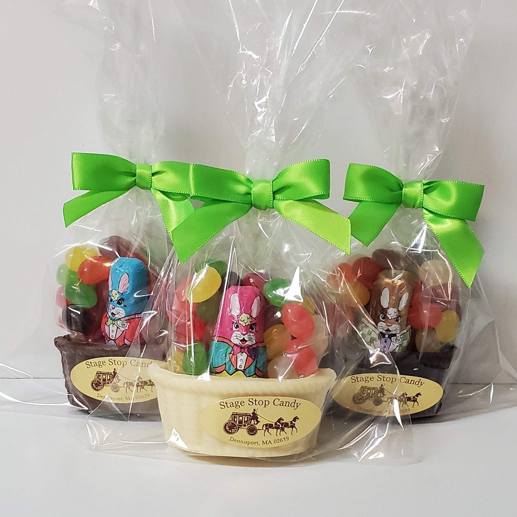Milk, White and Dark Chocolate Baskets filled with jelly beans and foiled chocolate bunny
