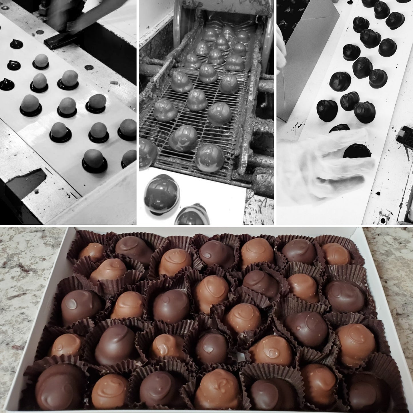 Cherry Cordial Making Process, with finished milk and dark chocolate cherry cordials in a box