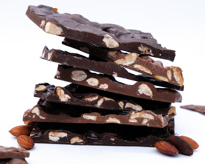 A tower of chocolate bark with nuts