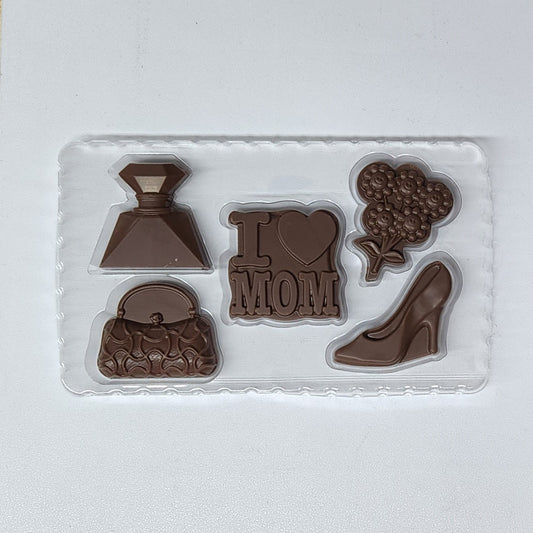 Mother's Day Chocolate Box Gift Set featuring chocolate diamond, handbag, flowers, high heel and 'I Love Mom' chocolates
