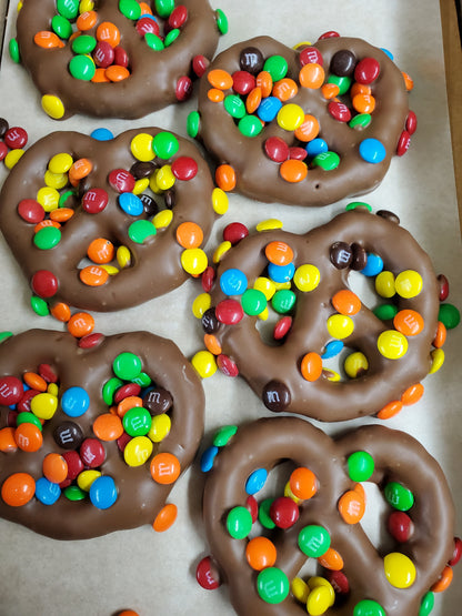 Pretzels Covered In Milk Chocolate With M&M's