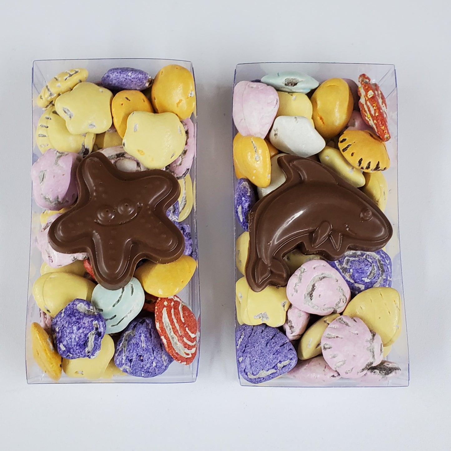 Multi-colored milk chocolate sea shells with solid milk chocolate sea star and dolphin