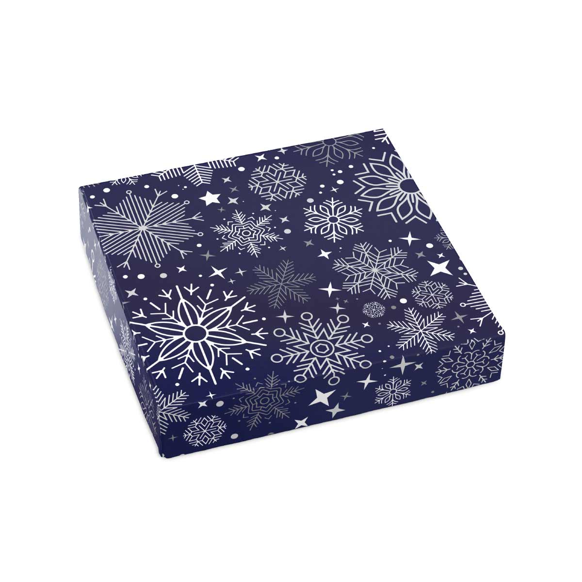 Silver Snowflakes with Navy Background Cover for 9 piece chocolate assortment