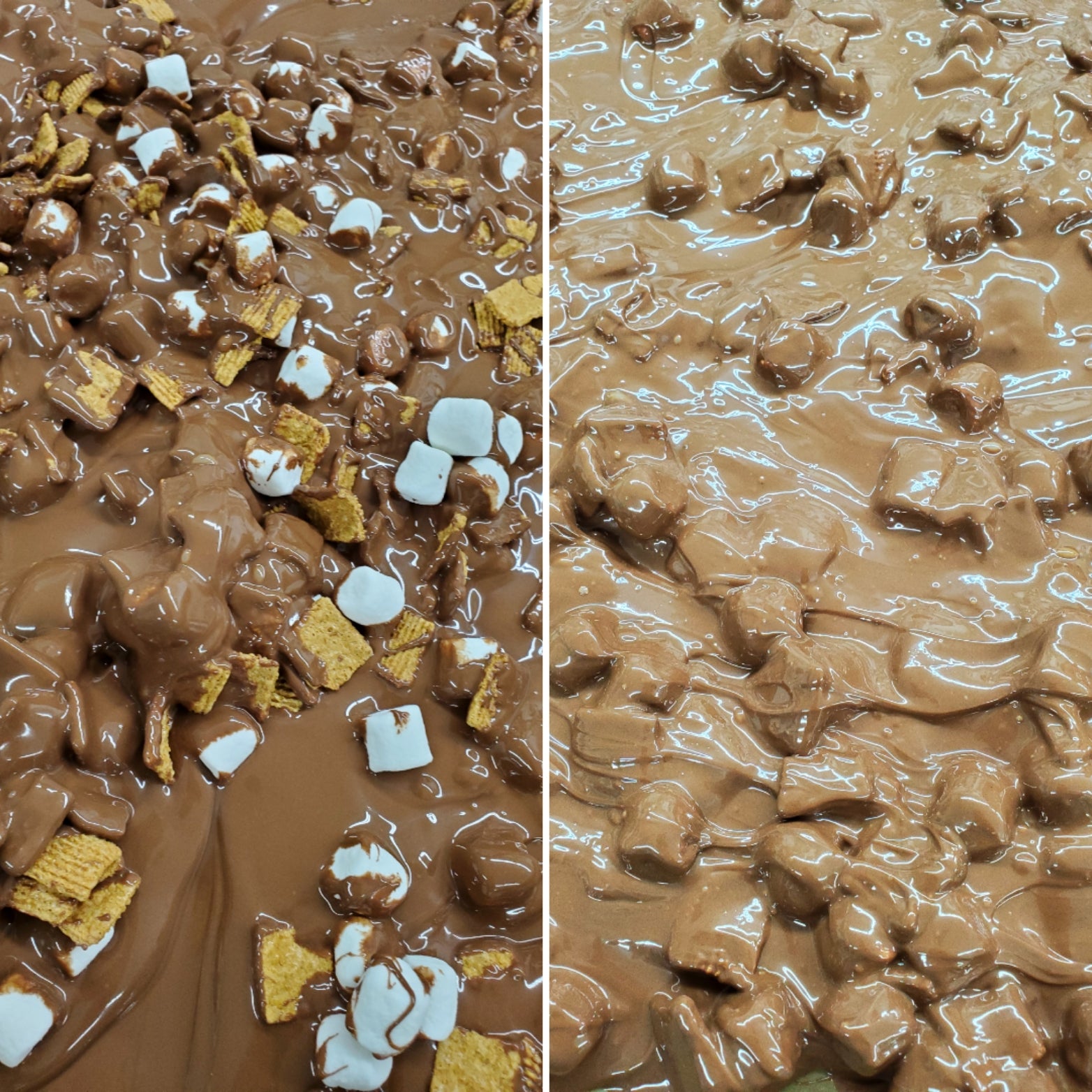 Chocolate, marshmallows and grahams mixing together for S'Mores Bark