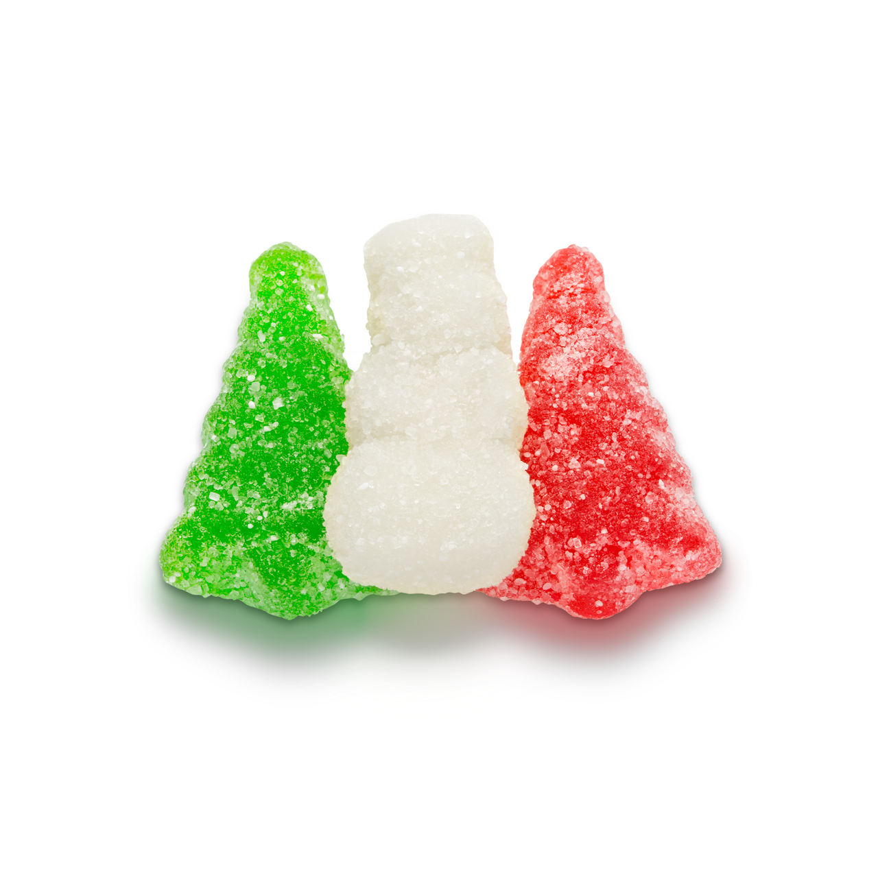 Festive green tree, white snowman and red tree gummies dusted with sugar 