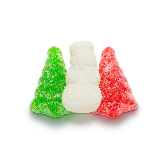 Festive green tree, white snowman and red tree gummies dusted with sugar 