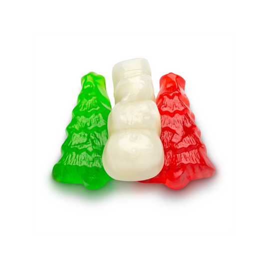 Festive green tree, white snowman and red tree gummies