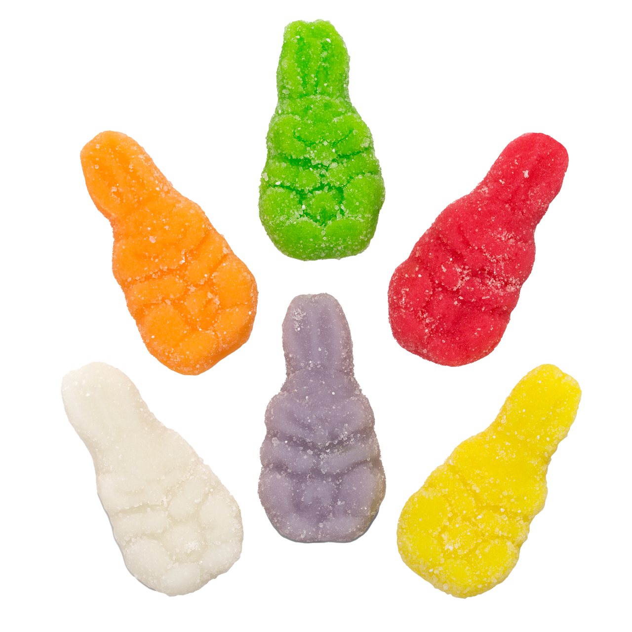 Closeup of assorted sanded gummy bunnies