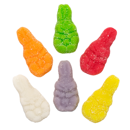 Closeup of assorted sanded gummy bunnies