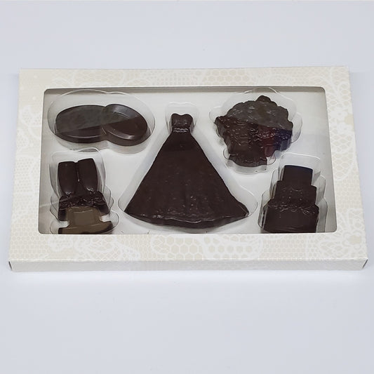 Dark Chocolate Wedding Box Set includes chocolate rings, champagne flutes, wedding dress, flowers and cake shapes